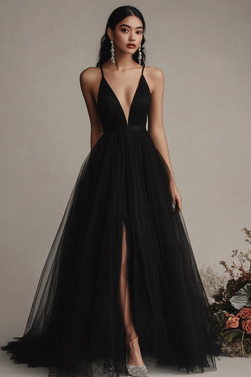 Black A Line Tulle Spaghetti Straps Long Evening Dress with Slit